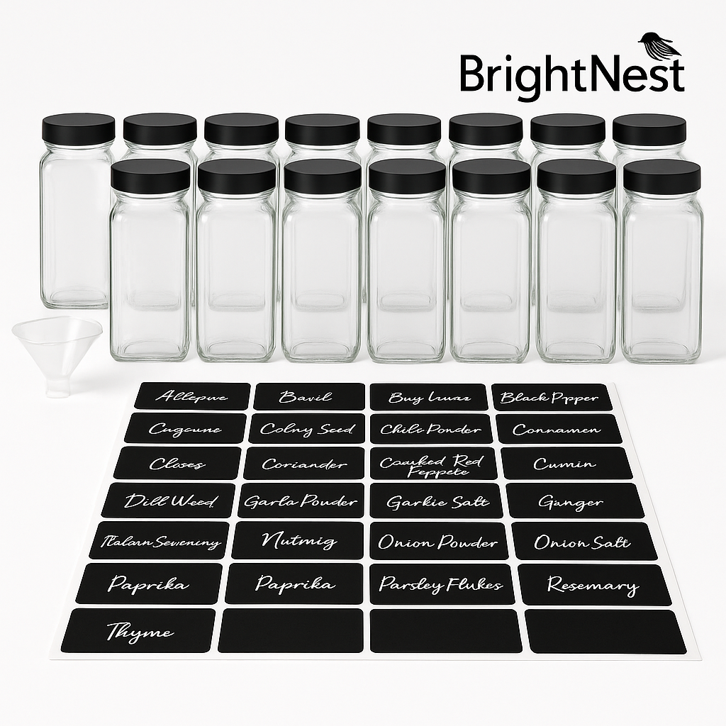 BrightNest Spice Jar Set with Labels &amp; Funnel, 24 Piece